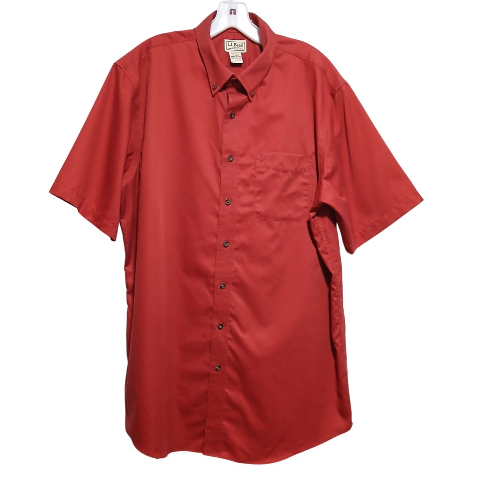 LL Bean Mens Large Tall Red Short Sleeve Button Down Shirt 100% Cotton 264081